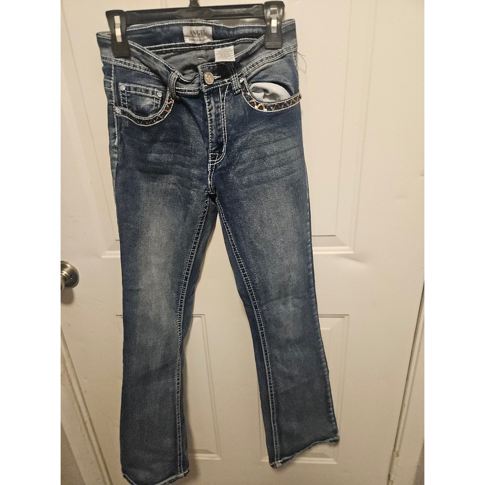 Angel Jeans Kids Girls Size 5 Blue Bootcut Embroidered Rhinestone Sequin Denim